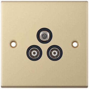 Selectric 5M Satin Brass Triplex Sat/TV/FM Socket with Black Insert