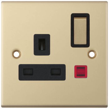 Selectric 5M Satin Brass 1 Gang 13A DP Switched Socket with Neon and Black Insert