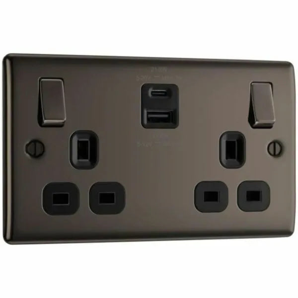 BG NBN22UAC22B Nexus Metal | Black Nickel - Black insert | USB A + C | 2 Gang Switched Socket