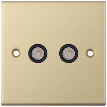 Selectric 5M Satin Brass 2 Gang TV/FM Socket with Black Insert