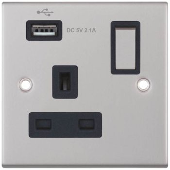Selectric 5M Satin Chrome 1 Gang 13A Switched Socket with USB Outlet and Black Insert