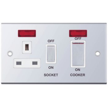 Selectric 5M Polished Chrome 45A DP Switch and 13A Switched Socket with Neon and White Insert