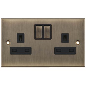 Selectric 5M Antique Brass 2 Gang 13A Switched Socket with Black Insert