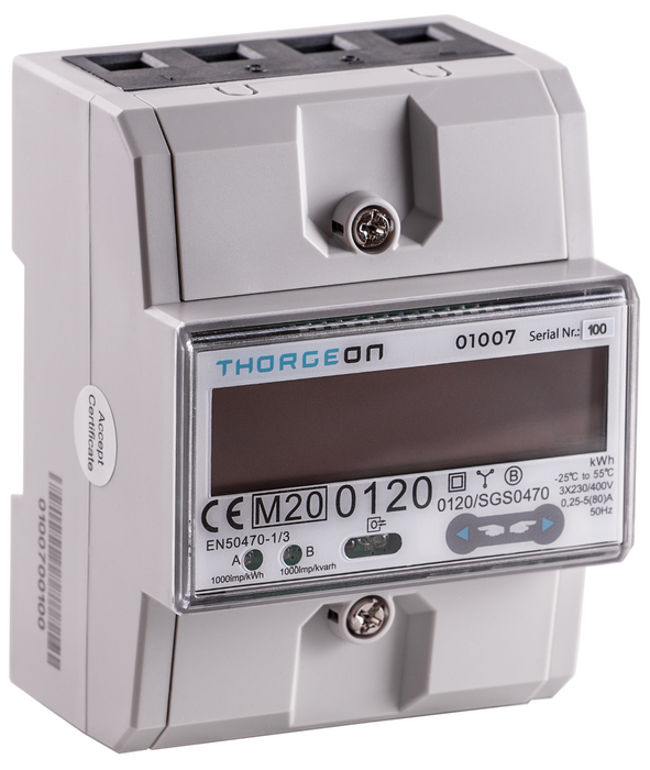 Thorgeon - 01007 3-Phase DIN Energy Meter 80A 2-Tariff MOD-BUS MID certificate