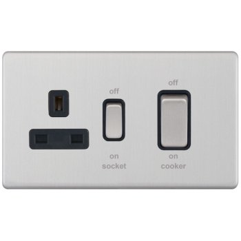 Selectric 5M-Plus Satin Chrome 45A DP Switch and 13A Switched Socket with Black Insert