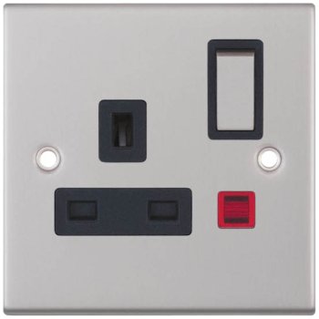 Selectric 5M Satin Chrome 1 Gang 13A DP Switched Socket with Neon and Black Insert