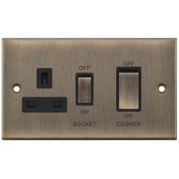 Selectric 5M Antique Brass 45A DP Switch and 13A Switched Socket with Black Insert