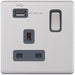Selectric 5M-Plus Screwless Satin Chrome 1 Gang 13A Switched Socket with USB Outlet and Grey Insert