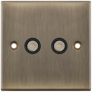 Selectric 5M Antique Brass 2 Gang TV/FM Socket with Black Insert