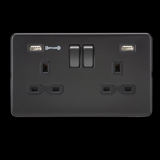 Knightsbridge SFR9906MBB Screwless 13A 2G Switched Socket With Type-A FASTCHARGE USB port - Matt Black Knightsbridge Screwless Flat Plate Matt Black Knightsbridge - Sparks Warehouse
