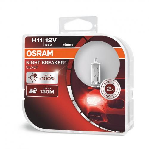 Osram 64211NBS-HCB Halogen 55W Night Breaker Silver  PGJ19-2 H11 12V 2 Halogen Bulbs