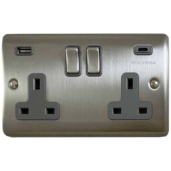 2 gang Double Pole Switched Socket with 1 x USB Type A Quick Charge + 1 x USB Type C - Brushed Steel