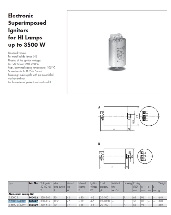 Vossloh Schwabe Z2000S 380v-415V 140497 Ignitors and Capacitors VOSSLOH - Easy Control Gear