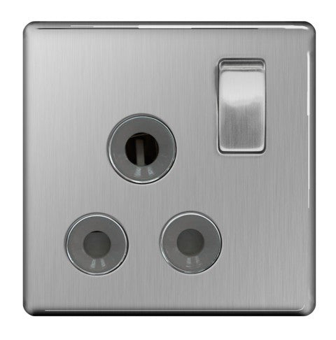 BG FBS99G Screwless Flat Plate Brushed Steel 15A 1 Gang Single Pole Switched Socket - Grey Insert - BG - sparks-warehouse