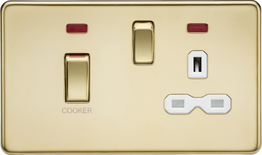 Knightsbridge SFR83MNPBW Screwless 45A DP Switch & 13A Switched Socket With Neons - Polished Brass With White Insert KB Knightsbridge - Sparks Warehouse
