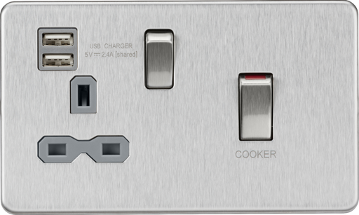 Knightsbridge SFR83UMBCG 45A DP Switch and 13A switched socket with dual USB charger - brushed chrome with grey insert Knightsbridge - Sparks Warehouse