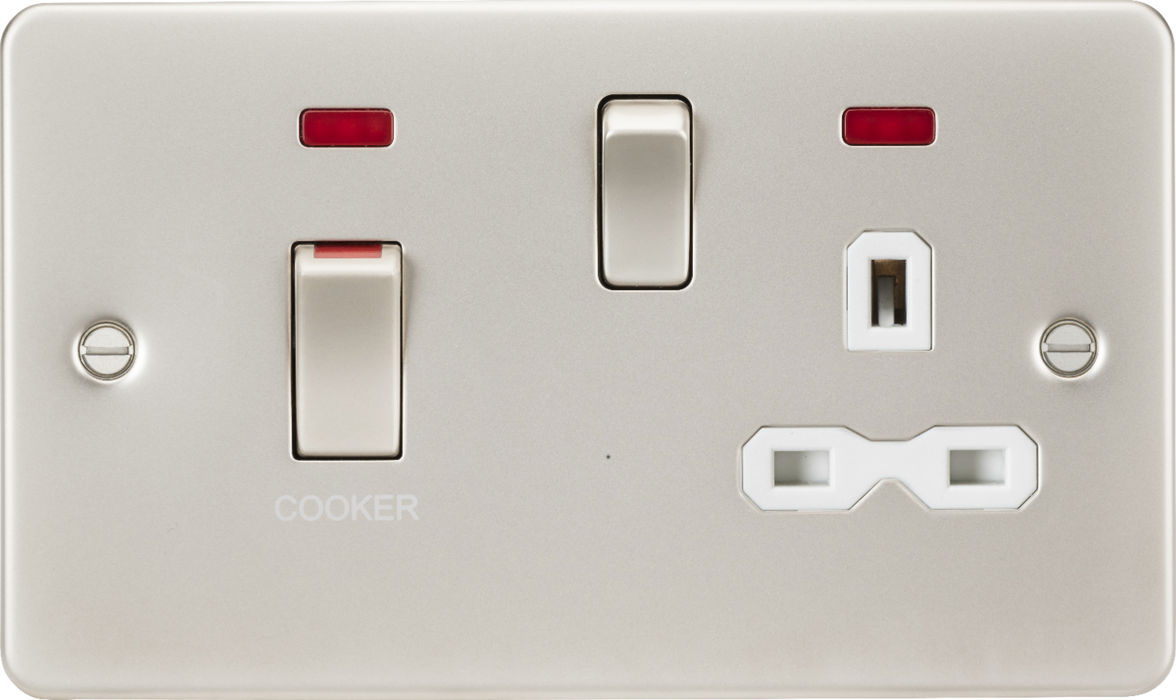 Knightsbridge FPR83MNPLW Flat Plate 45A DP Switch & 13A Switched Socket With Neons - Pearl With White Insert Double Pole Switch Knightsbridge - Sparks Warehouse