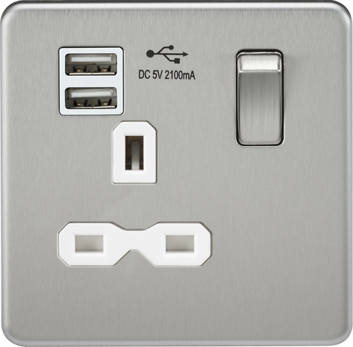 Knightsbridge SFR9901BCW Screwless 13A 1G switched socket with dual USB charger (2.1A) - brushed chrome with white insert ML Knightsbridge - Sparks Warehouse