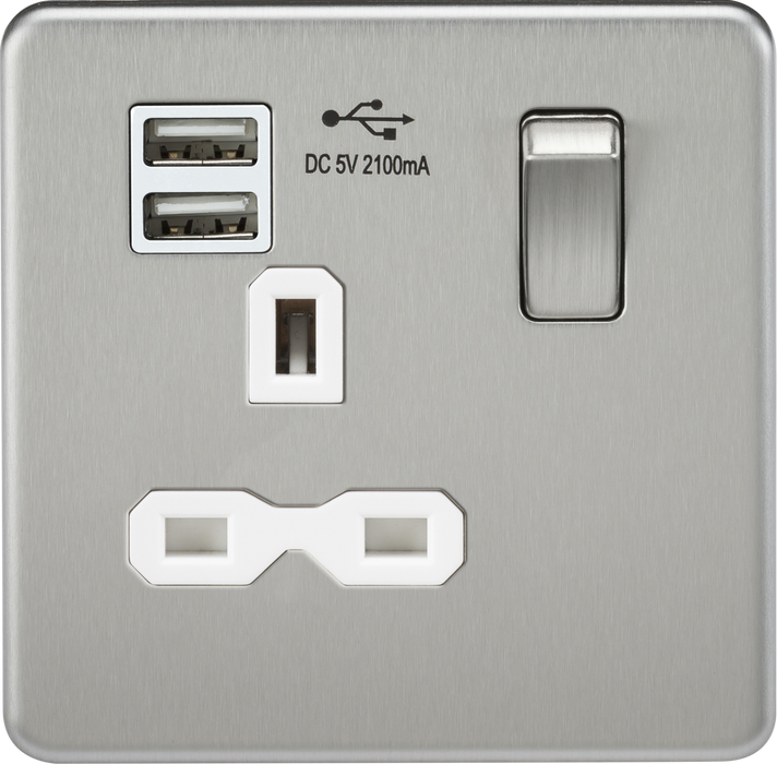 Knightsbridge SFR9901BCW Screwless 13A 1G switched socket with dual USB charger (2.1A) - brushed chrome with white insert ML Knightsbridge - Sparks Warehouse