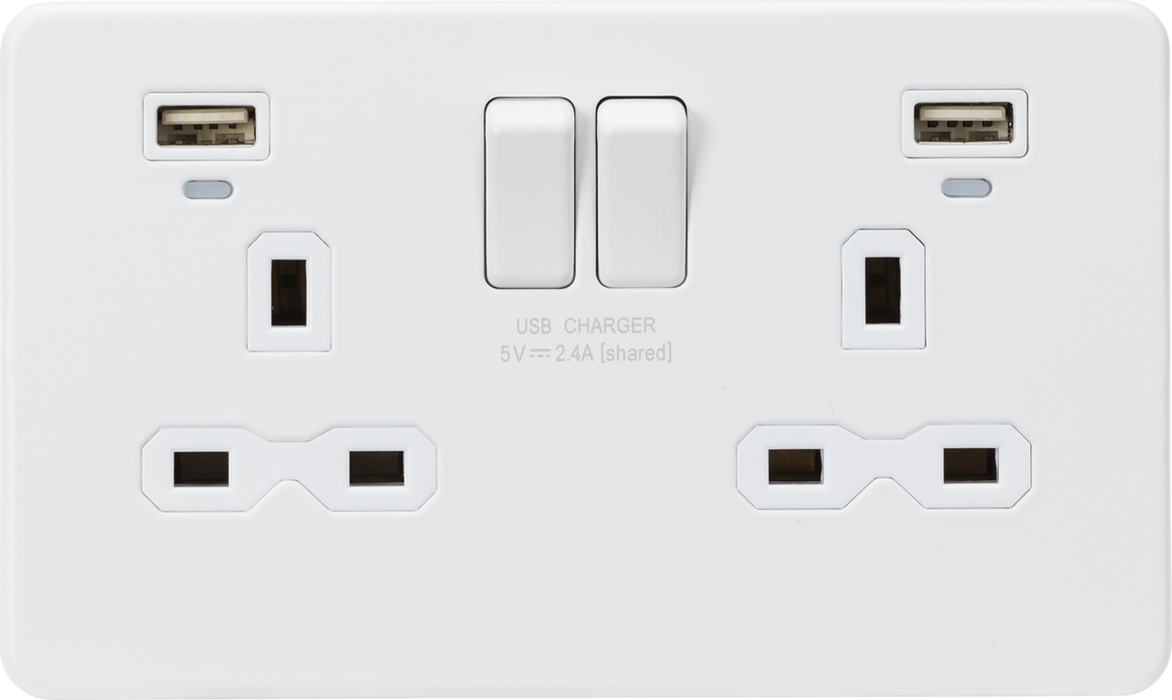 Knightsbridge SFR9904NMW Screwless 13A 2G Switched Socket With Dual USB Charger - Matt White Knightsbridge Screwless Flat Plate Matt White Knightsbridge - Sparks Warehouse