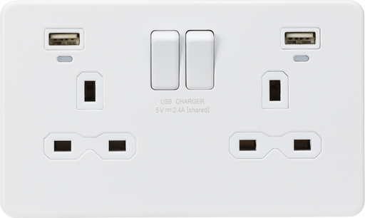 Knightsbridge SFR9904NMW Screwless 13A 2G Switched Socket With Dual USB Charger - Matt White Knightsbridge Screwless Flat Plate Matt White Knightsbridge - Sparks Warehouse