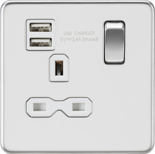 Knightsbridge SFR9124PCW Screwless 13A 1G switched socket with dual USB charger (2.4A) - polished chrome with white insert ML Knightsbridge - Sparks Warehouse