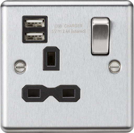 Knightsbridge CL9124BC 13A 1G Switched Socket Dual USB Charger Slots with Black Insert - Rounded Edge Brushed Chrome ML Knightsbridge - Sparks Warehouse