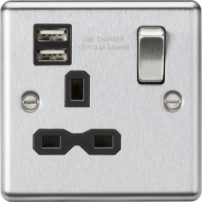 Knightsbridge CL9124BC 13A 1G Switched Socket Dual USB Charger Slots with Black Insert - Rounded Edge Brushed Chrome ML Knightsbridge - Sparks Warehouse