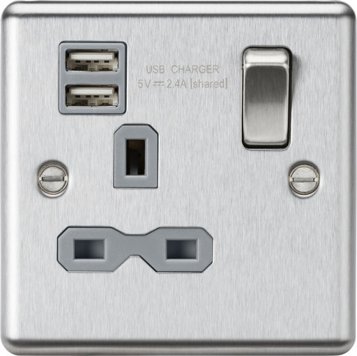 Knightsbridge CL9124BCG 13A 1G Switched Socket Dual USB Charger Slots with Grey Insert - Rounded Edge Brushed Chrome ML Knightsbridge - Sparks Warehouse