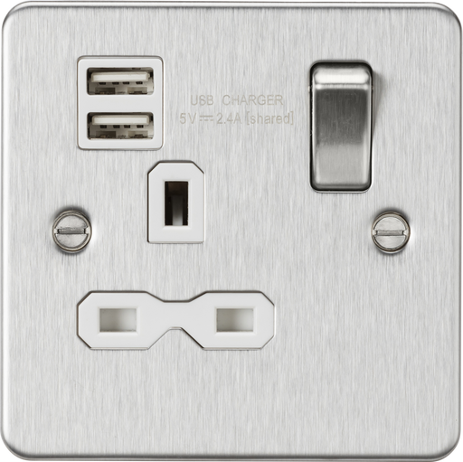 Knightsbridge FPR9124BCW Flat plate 13A 1G switched socket with dual USB charger (2.4A) - brushed chrome with white insert ML Knightsbridge - Sparks Warehouse