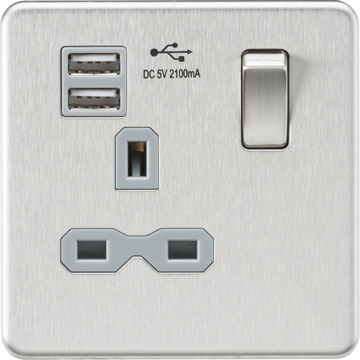 Knightsbridge SFR9124BCG Screwless 13A 1G Switched Socket With Dual USB Charger - Brushed Chrome With grey Insert Light Switches Knightsbridge - Sparks Warehouse