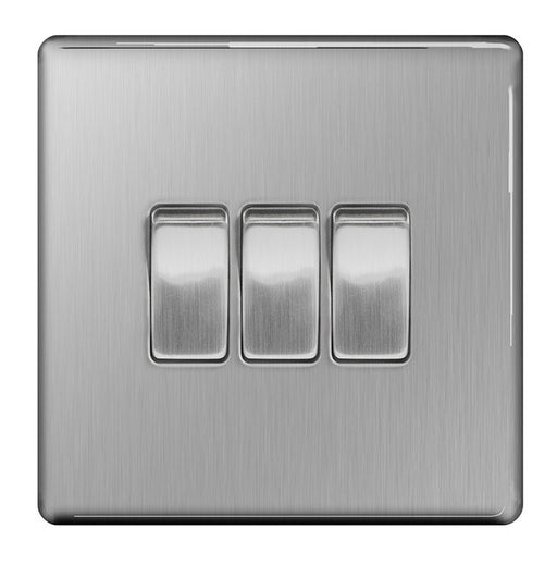 BG FBS43 Screwless Flat Plate Brushed Steel 10A 3 Gang 2 Way Plate Switch - BG - sparks-warehouse