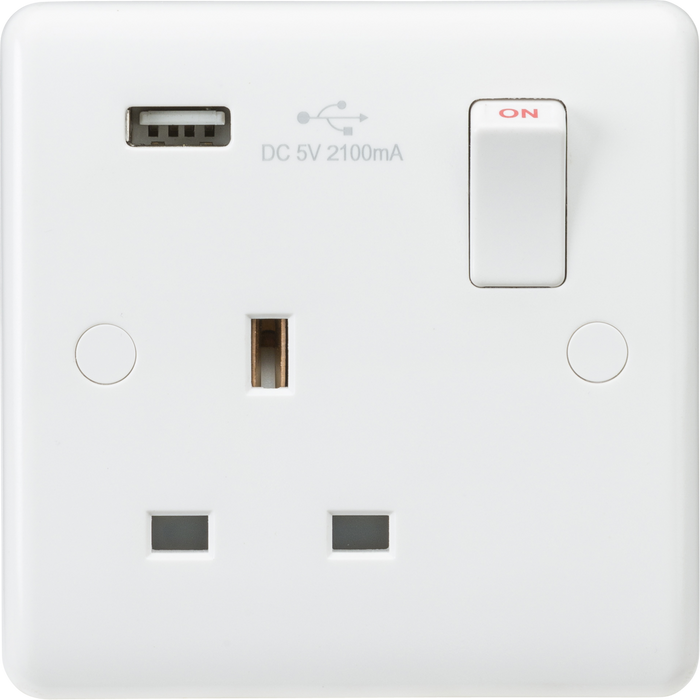Knightsbridge CU9903 - Curved edge 13A 1G switched socket with  USB charger (5V DC 2.1A) Socket - With USB Knightsbridge - Sparks Warehouse