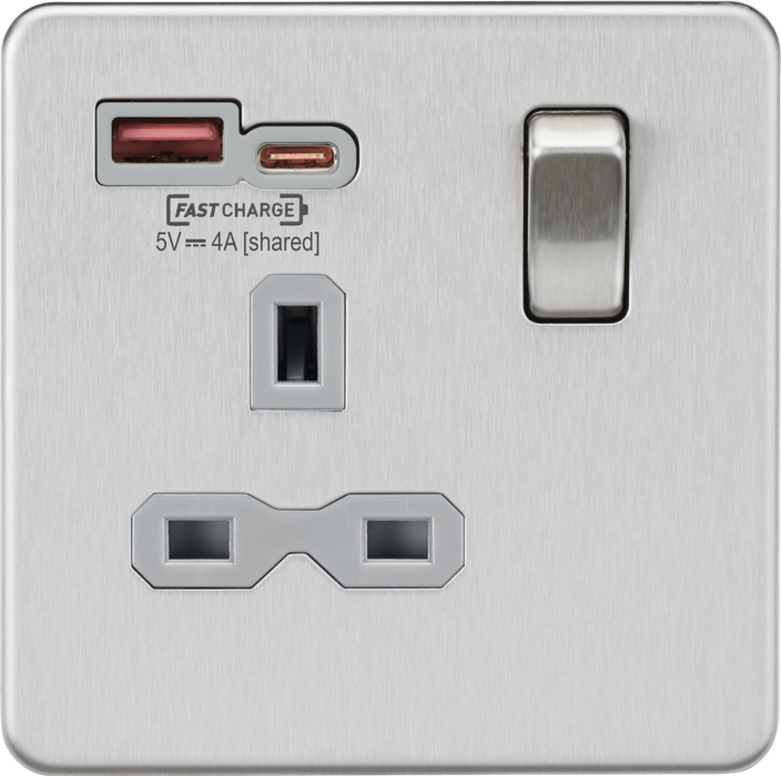 Knightsbridge SFR9919BCG 13A 1G Switched Socket with dual USB [FASTCHARGE] A+C - Brushed Chrome with grey insert