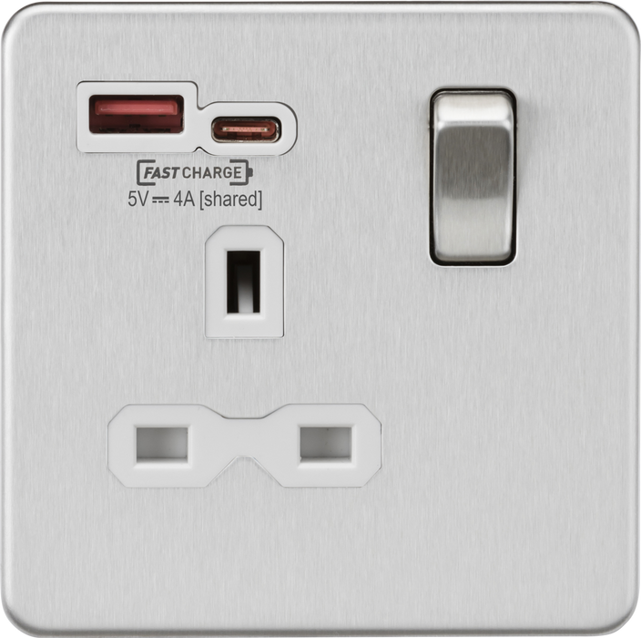 Knightsbridge SFR9919BCW 13A 1G Switched Socket with dual USB [FASTCHARGE] A+C - Brushed Chrome with white insert