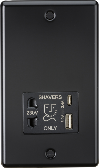 Knightsbridge CL8909MB 230V Shaver Socket with Dual USB A+C [5V DC 2.4A shared] - Rounded Edge Matt Black