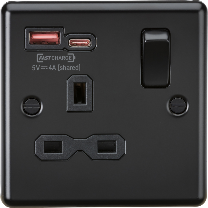 Knightsbridge CL9919MBB 13A 1G SP Switched Socket with dual USB Charger A+C [Max. 18W QC/PD FASTCHARGE] - Rounded Edge Matt Black
