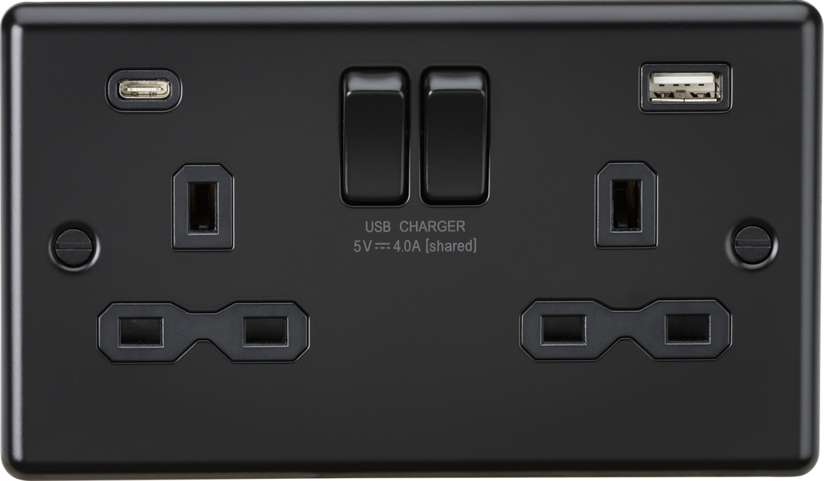 Knightsbridge CL9940MBB 13A 2G SP Switched Socket with dual USB C+A 5V DC 4.0A [shared] - Rounded Edge Matt Black with black insert