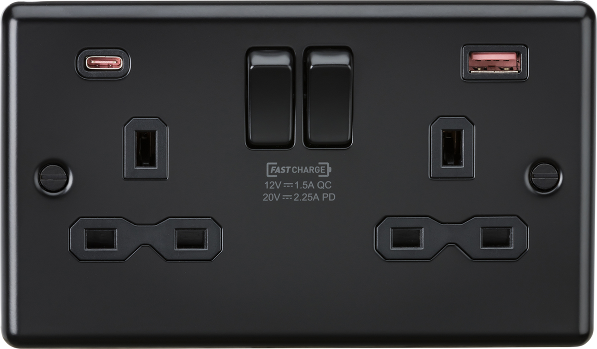 Knightsbridge CL9945MBB 13A 2G DP Switched Socket with Dual USB A+C [45W FASTCHARGE] - Rounded Edge Matt Black