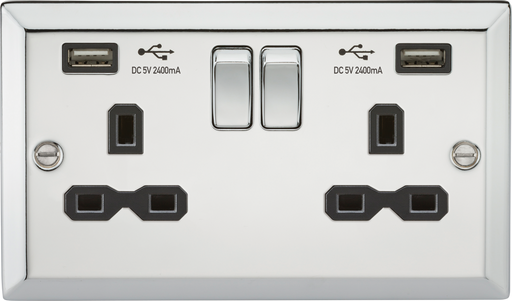 Knightsbridge CV9224PC 13A 2G Switched Socket Dual USB Charger (2.4A) with Black Insert - Bevelled Edge Polished Chrome ML Knightsbridge - Sparks Warehouse