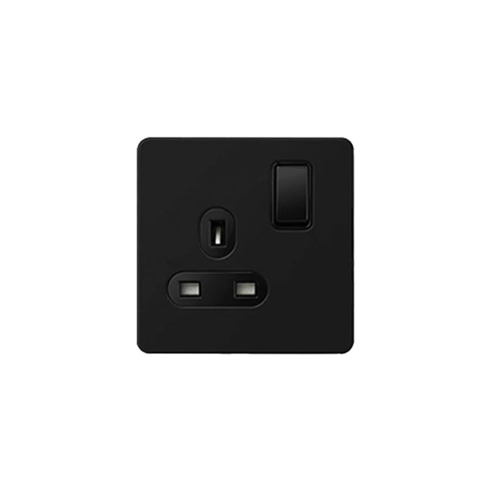 Caradok Matt Black Metal Screwless 1 Gang Plug Socket - Black Inserts