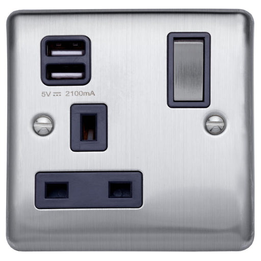 Caradok 13A 1 gang switched socket+2×1.0A USB outlet Brushed Chrome, Metal Switch, Grey Insert Caradok - The Curve - Brushed Steel Caradok - Sparks Warehouse