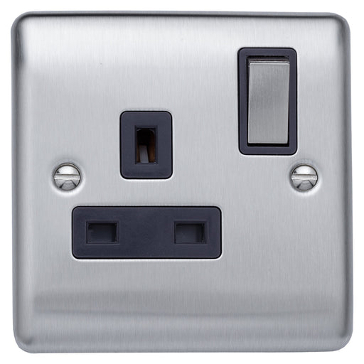 Caradok 13A 1gang switched socket, double pole Brushed Chrome, Metal Switch, Grey Insert Caradok - The Curve - Brushed Steel Caradok - Sparks Warehouse