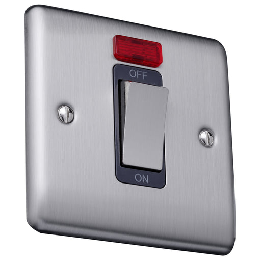 Caradok 45A 1gang double pole switch+neon single plate Brushed Chrome, Metal Switch, Grey Insert Caradok - The Curve - Brushed Steel Caradok - Sparks Warehouse