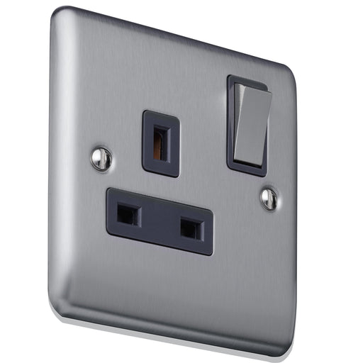 Caradok 13A 1gang switched socket, double pole Brushed Chrome, Metal Switch, Grey Insert Caradok - The Curve - Brushed Steel Caradok - Sparks Warehouse