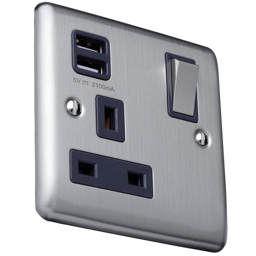 Caradok 13A 1 gang switched socket+2×1.0A USB outlet Brushed Chrome, Metal Switch, Grey Insert Caradok - The Curve - Brushed Steel Caradok - Sparks Warehouse
