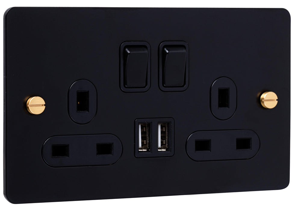 2G Matt Black Socket with Dual USB Ports and Brass Screws - Caradok