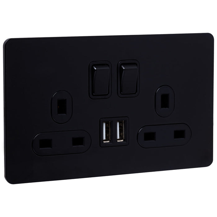 2g Matt Black Socket With USB Outlets- The Screwless - Caradok