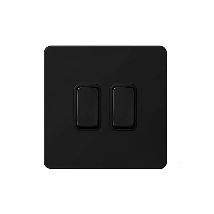Caradok Matt Black Metal Screwless 2 Gang Light Switch - Black Inserts