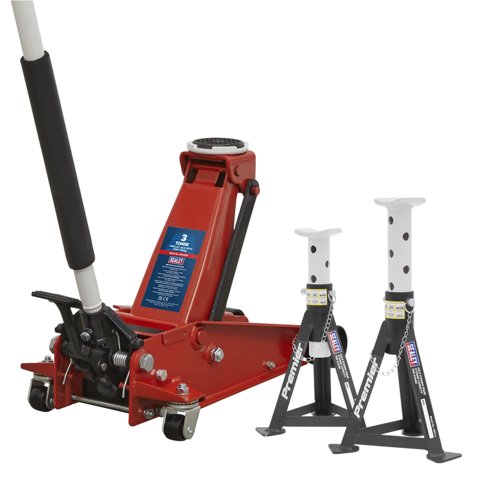 Sealey - 3001CXPCOMBO Trolley Jack 3t & Axle Stands (Pair) 3t per Stand Combo Jacking & Lifting Sealey - Sparks Warehouse